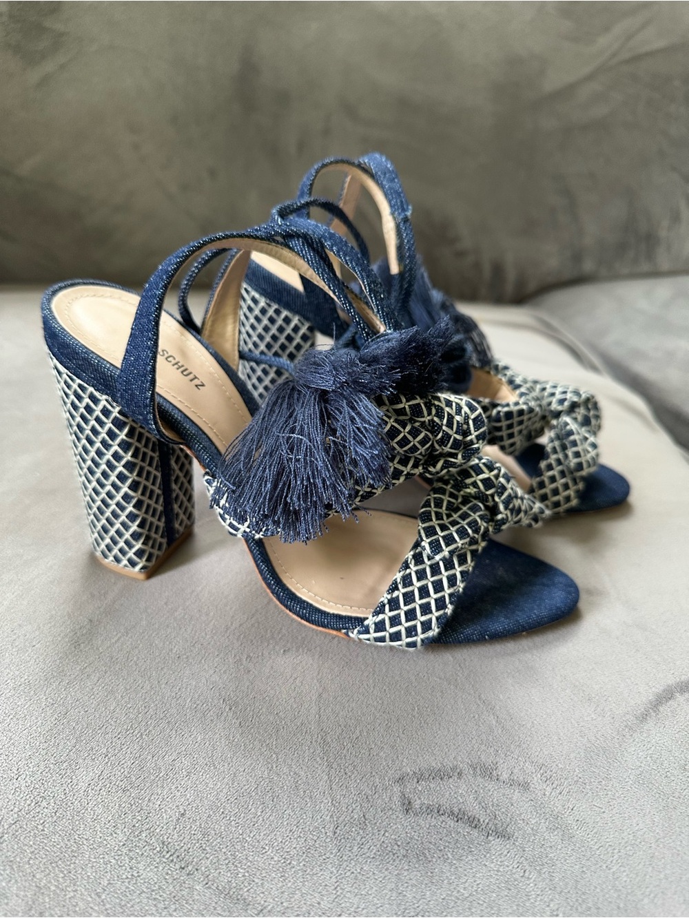 SCHUTZ Navy & Cream Tassel Block Heel Sandals